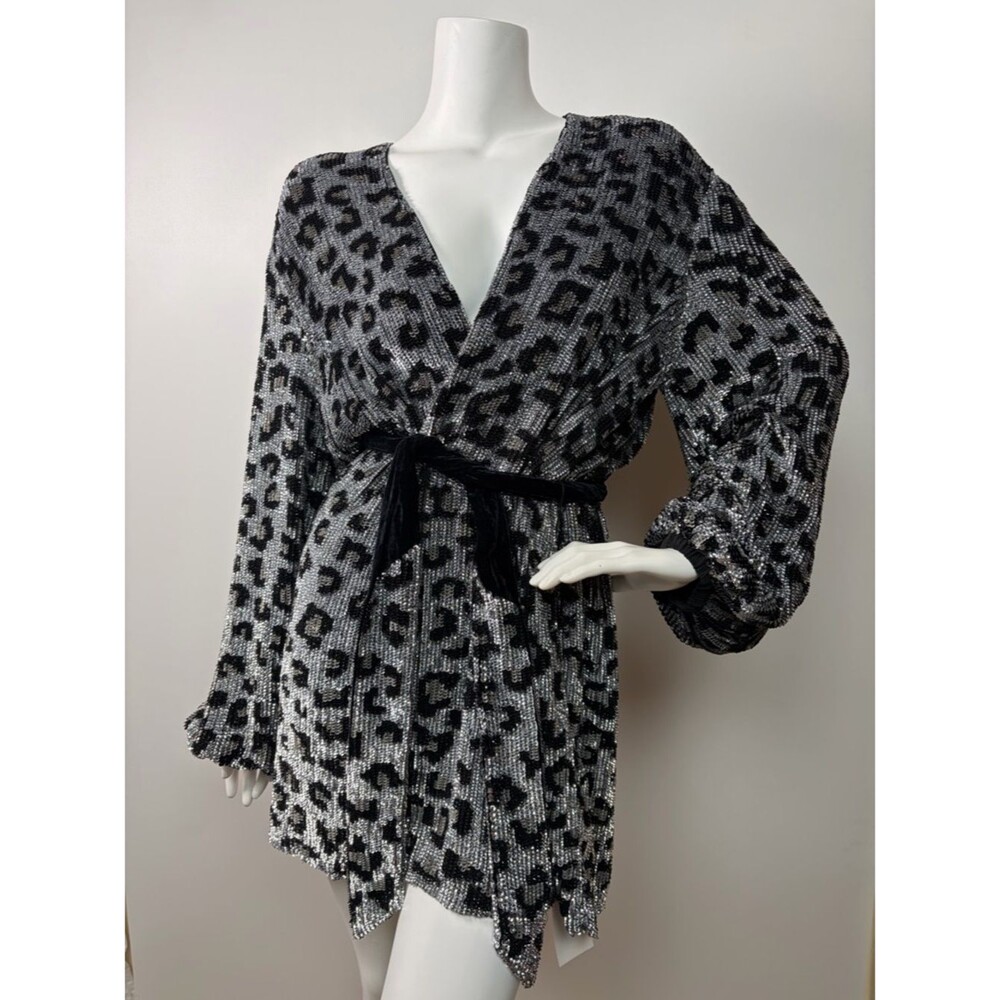Retrofete Gabrielle Sequin Robe Dress Size Small in Silver Leopard